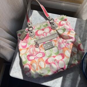 Coach Poppy Multicolor Canvas Tote Bag - Pink, Green, Orange Accents